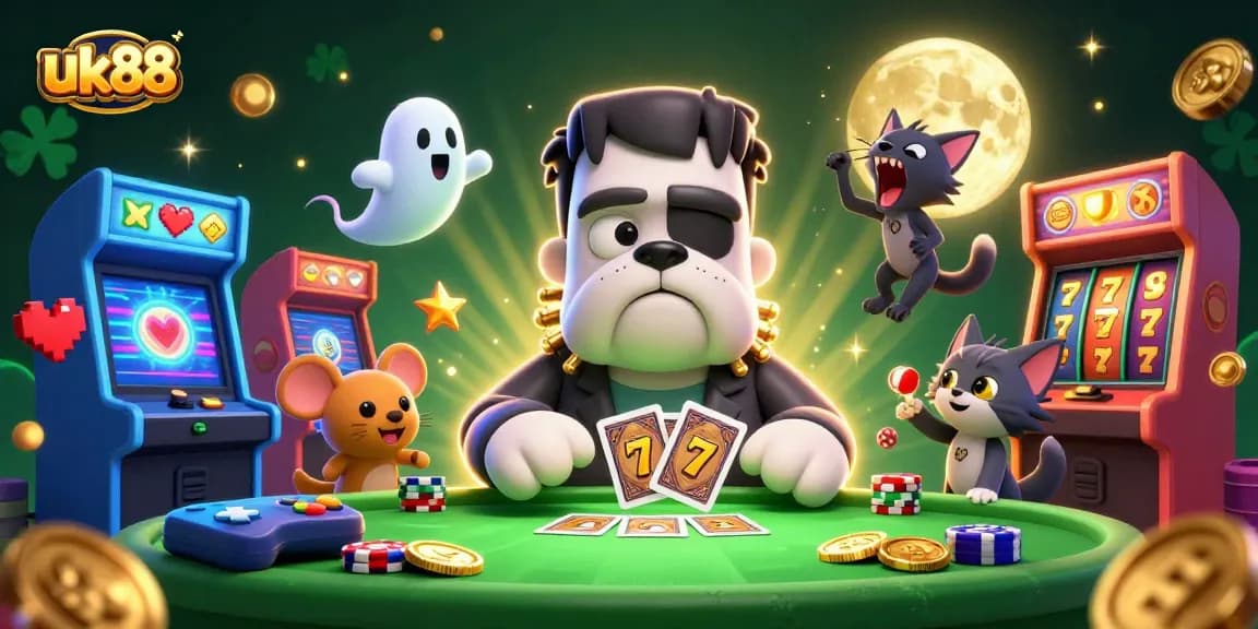 uk88 unleashing excitement as a Frankenstein bulldog deals cards amid colorful casino vibes.