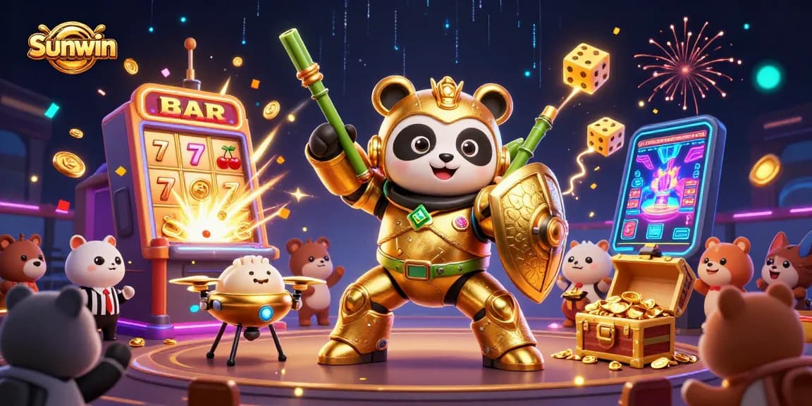 Engage with Sunwin casino games as a dynamic golden panda battles in a vibrant arena.
