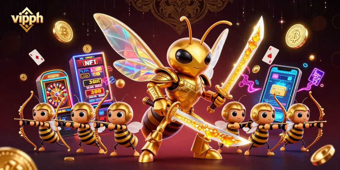 Experience excitement at vipph casino with vibrant slot machines and poker cards in a dynamic 3D illustration