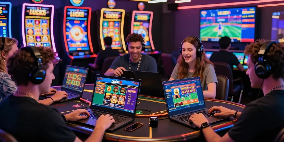 LUCK8 online casino scene with diverse players enjoying thrilling games on mobile devices, vibrant and lively atmosphere.