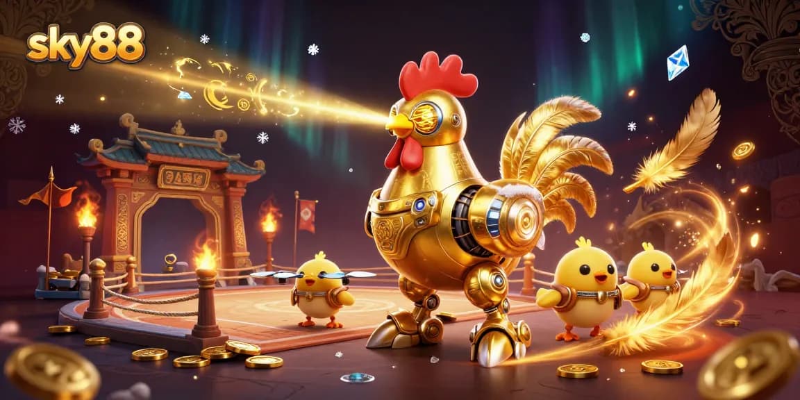 Join the action at sky88 casino with a vibrant scene of a golden rooster robot among excitement and rewards.