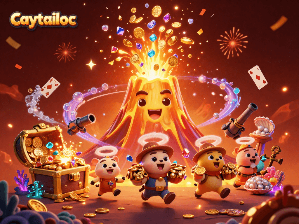 Caytailoc reveals treasures from the jackpot volcano, surrounded by vibrant animated elements in a 3D casino adventure.