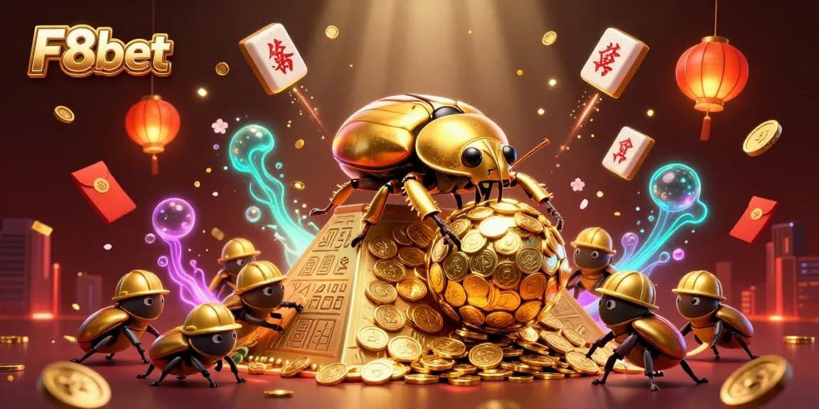 Join the action at F8bet with a stunning 3D illustration of a golden dung beetle rolling coins.