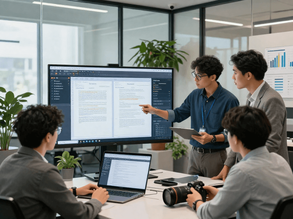 Team conducting document fraud detection analysis in a modern office setting