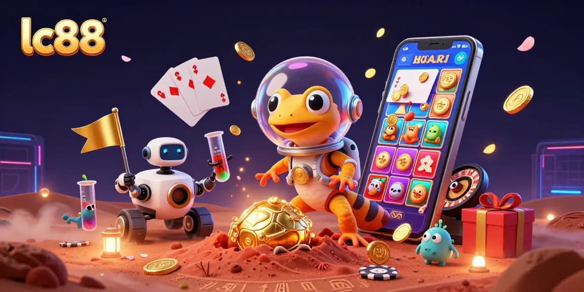 Engage with exciting lc88 casino action, featuring a Martian gecko exploring a golden casino.