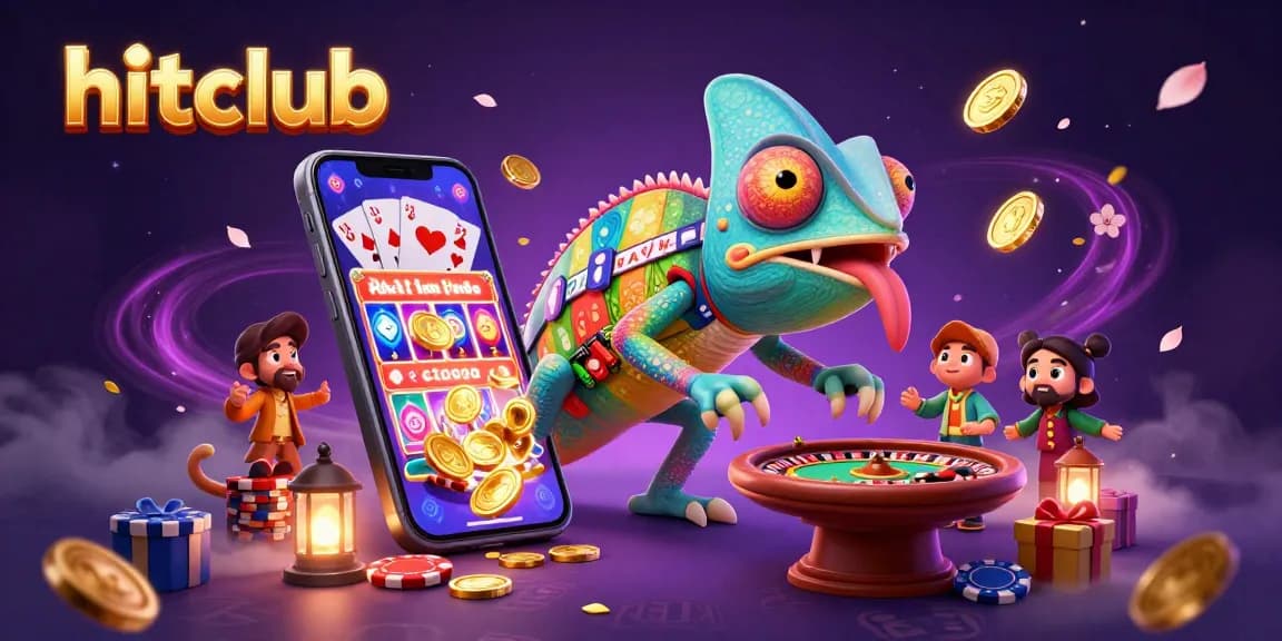 Engage with hitclub's chameleon casino owner amidst vibrant gaming elements and golden coins.
