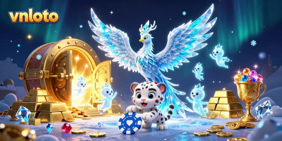 Engage with vnloto's thrilling ice-themed casino adventure featuring vibrant characters and sparkling elements.