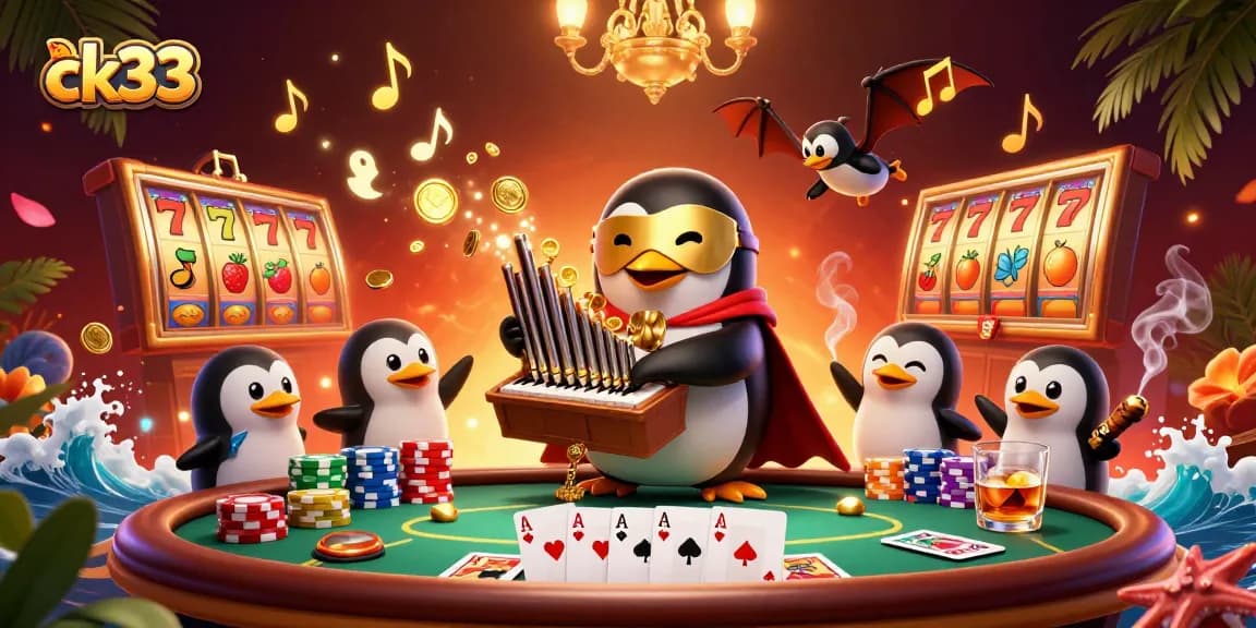 Experience excitement with ck33 as the penguin plays while golden musical notes and poker elements surround.