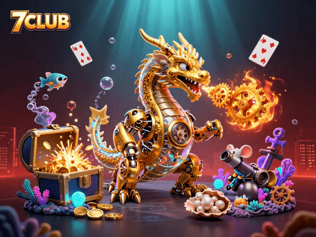 Engage with 7CLUB's vibrant 3D casino scene featuring a dragon amidst games and treasures.
