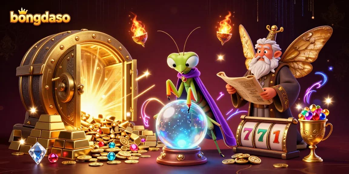 Bongdaso showcases a vibrant 3D cartoon of a fortune teller predicting jackpots, enveloped in treasure and slot game elements.