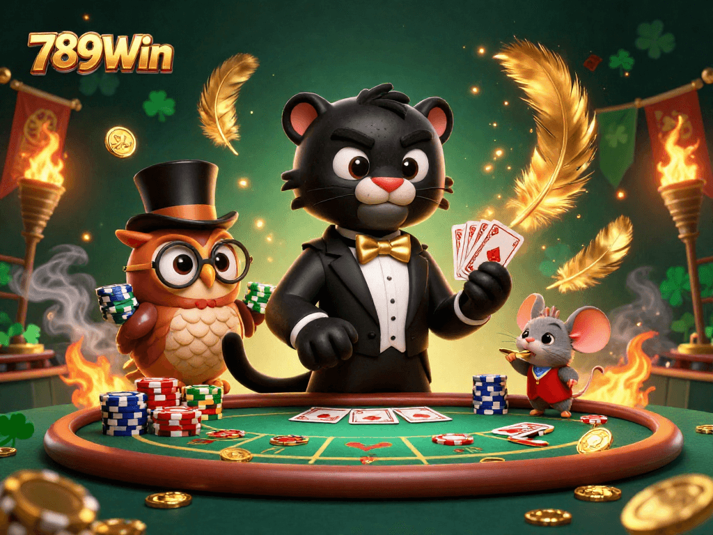 Experience thrilling casino action with 789Win featuring a panther dealer and charming characters.