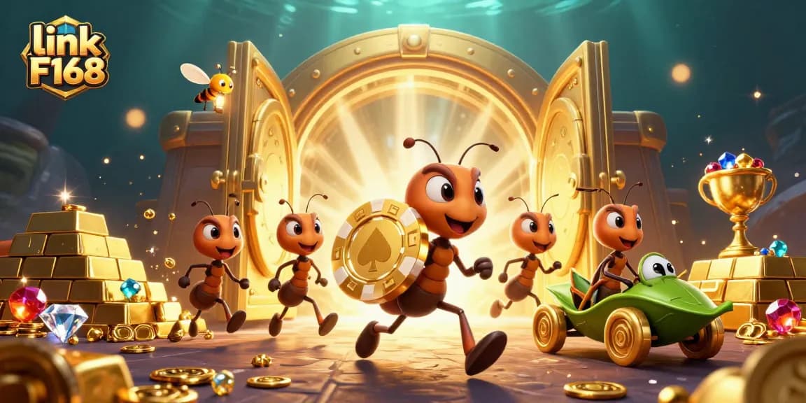 Experience the excitement of link F168 with a thrilling casino heist scene featuring animated ants carrying a giant poker chip.