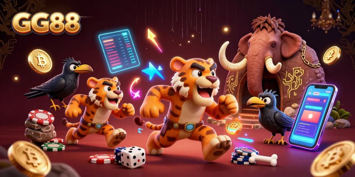 Experience GG88's vibrant casino scene featuring neon coins, a sabertooth duo, and a clever crow.
