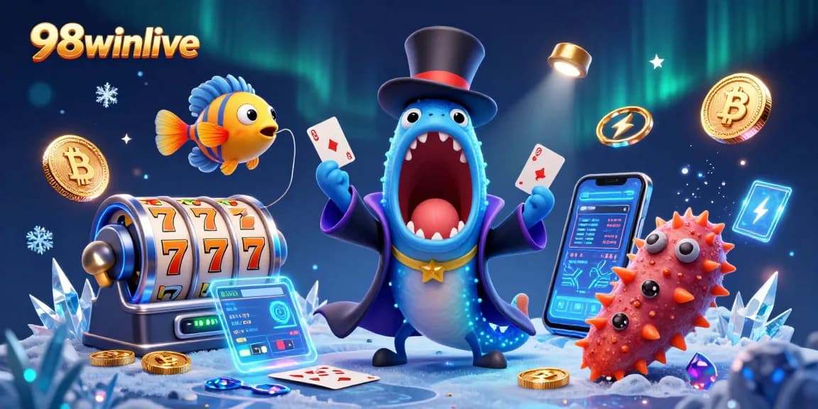 Experience thrilling entertainment at 98winlive with our vibrant casino illustration showcasing unique game elements and characters.