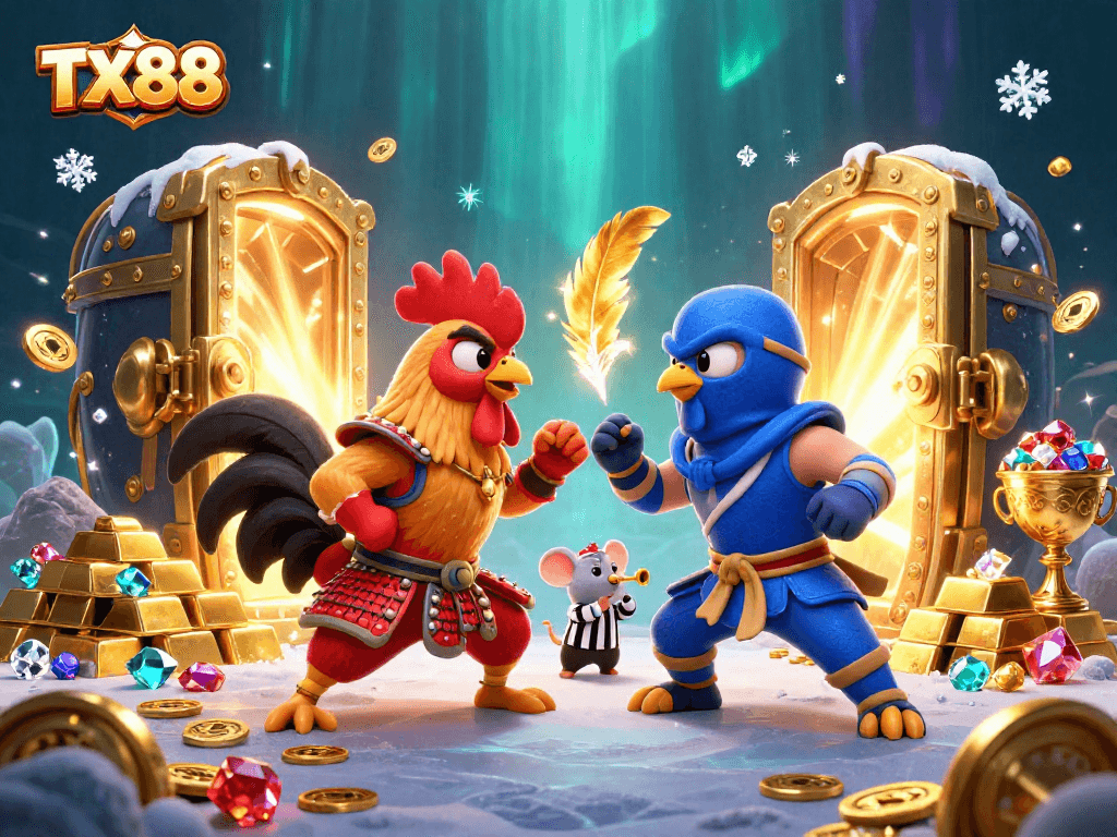 Experience the thrill of TX88 with animated fighting roosters in a rich casino atmosphere.