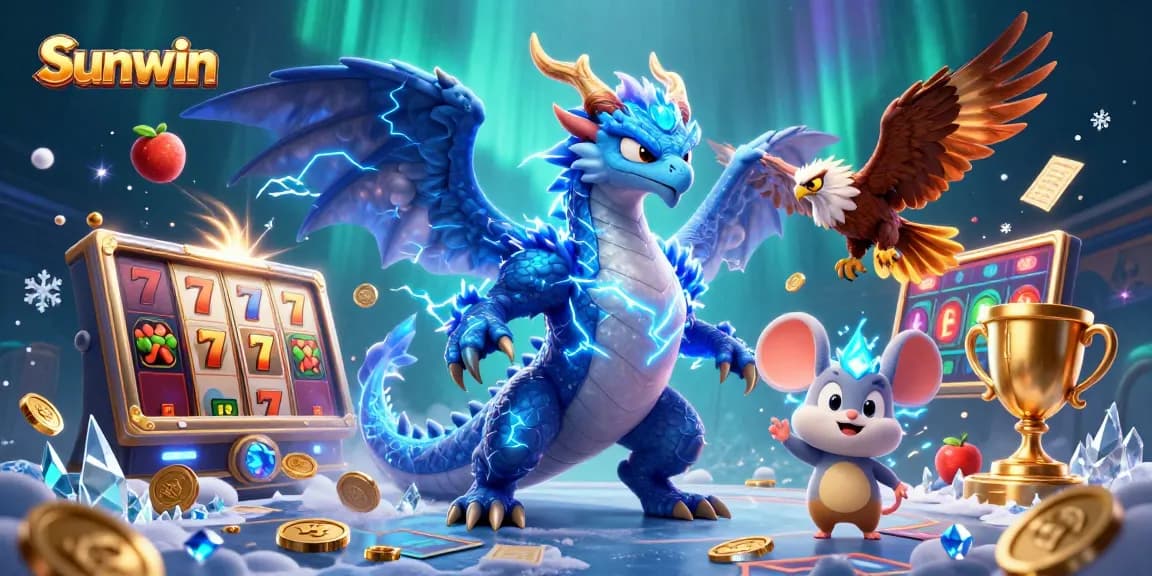 Experience Sunwin's thrilling slots with stunning dragon and bird characters in a dynamic casino scene.