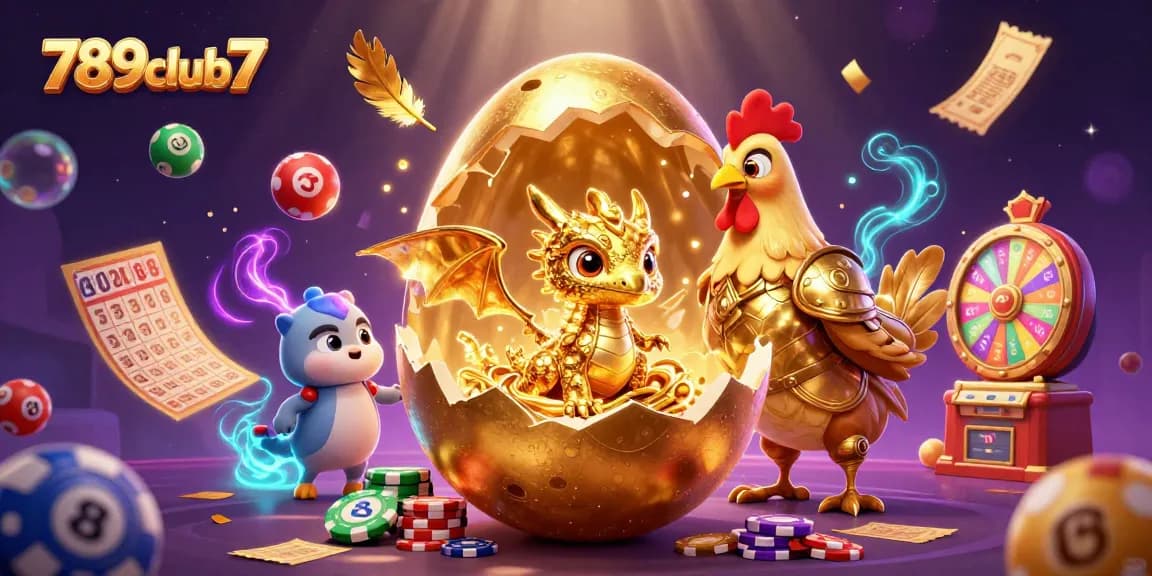 Catch the excitement of 789club7 with a golden baby dragon revealing treasures amidst swirling casino elements.