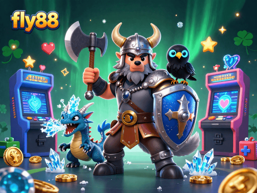 Experience thrilling gameplay at fly88 with a dynamic scene of a Viking wolf warrior, dragon, and vibrant gaming elements.