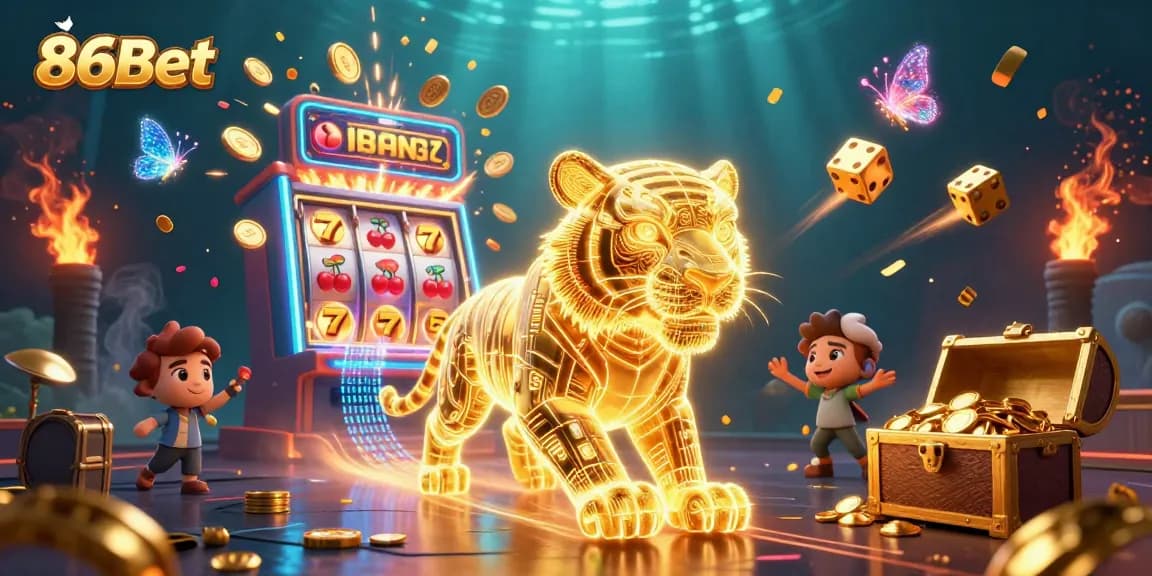 Win big with 86Bet: a neon tiger in a vibrant casino landscape bursting with slot machine jackpots.