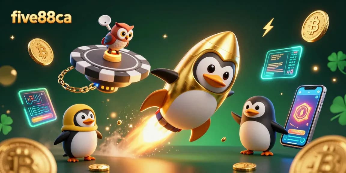 Experience the thrill of five88ca with a golden penguin racing towards a casino chip in space.