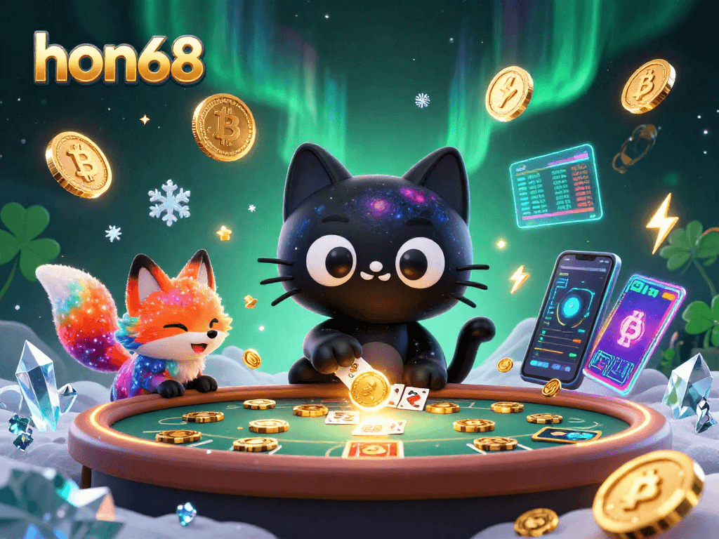 Play exciting casino games at hon68 featuring a mystical black hole cat and nebula fox.