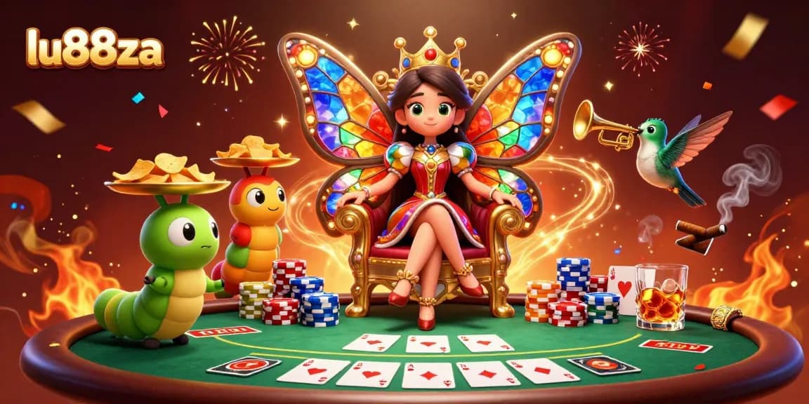 Engage with the vibrant world of lu88za, illustrated with a butterfly queen and dynamic casino elements.