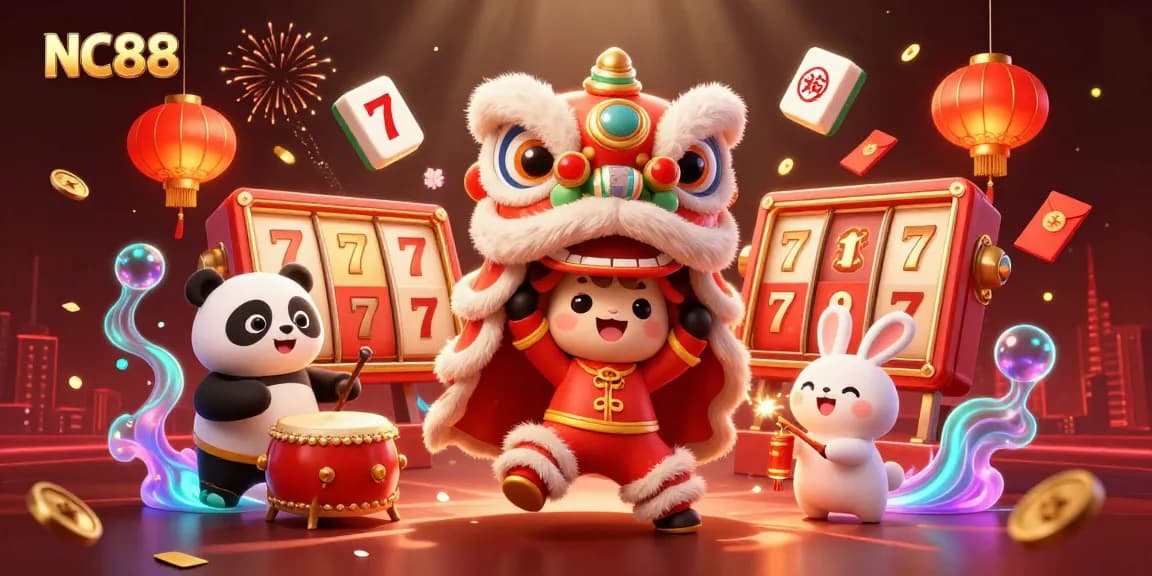 Experience exciting gameplay at NC88 with a colorful 3D illustration showcasing festive characters and casino elements.