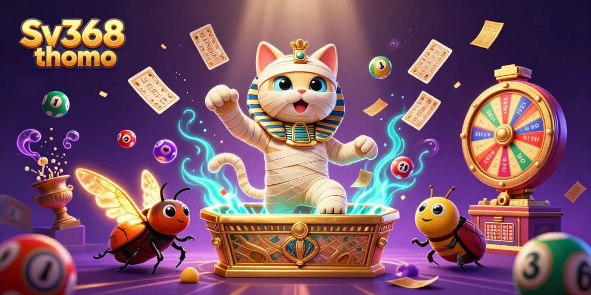 Experience thrilling Sv368 thomo action with a vibrant 3D illustration featuring a mummy cat and casino elements.