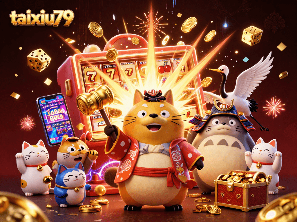 Experience exciting gameplay with taixiu79 as cute characters celebrate wins and bonuses in a vibrant casino setting.
