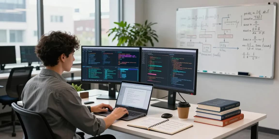 Data scientist using machine learning tools at a modern workspace with multiple screens and collaborative elements.