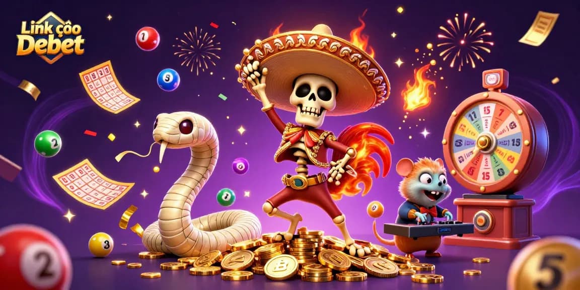Link vào Debet showcases vibrant energy with skeleton mariachi rooster dancing on coins.