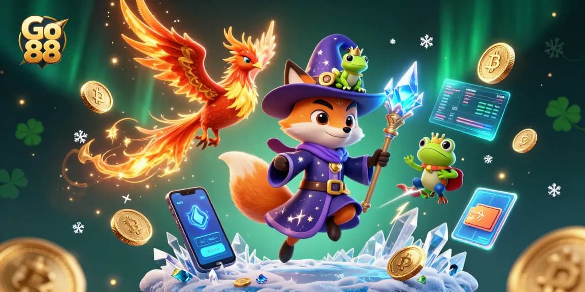 Experience thrilling gaming at Go 88 with our magical wizard and phoenix illustration.