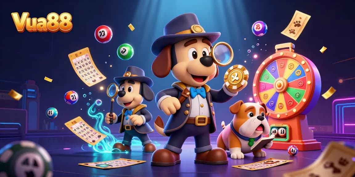 Join Vua88's thrilling experience as a detective uncovers hidden treasure among vibrant lottery games.