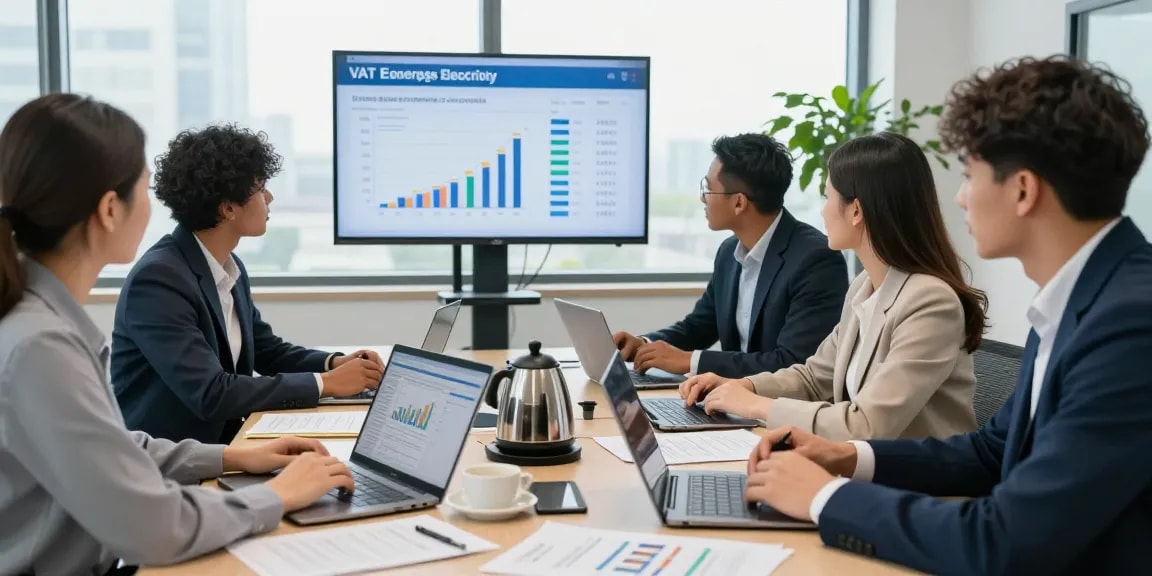 Team discussing vat on business electricity in a modern office setting