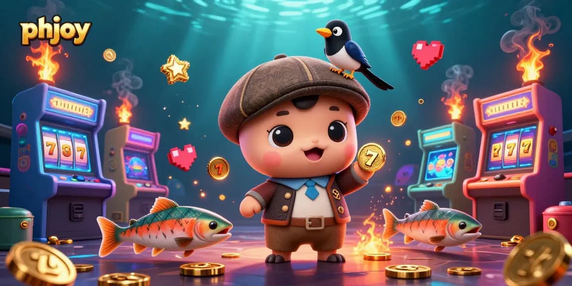 Experience exciting gaming with phjoy featuring Nessie, a magpie, and tartan-wearing salmon in a vibrant casino scene.