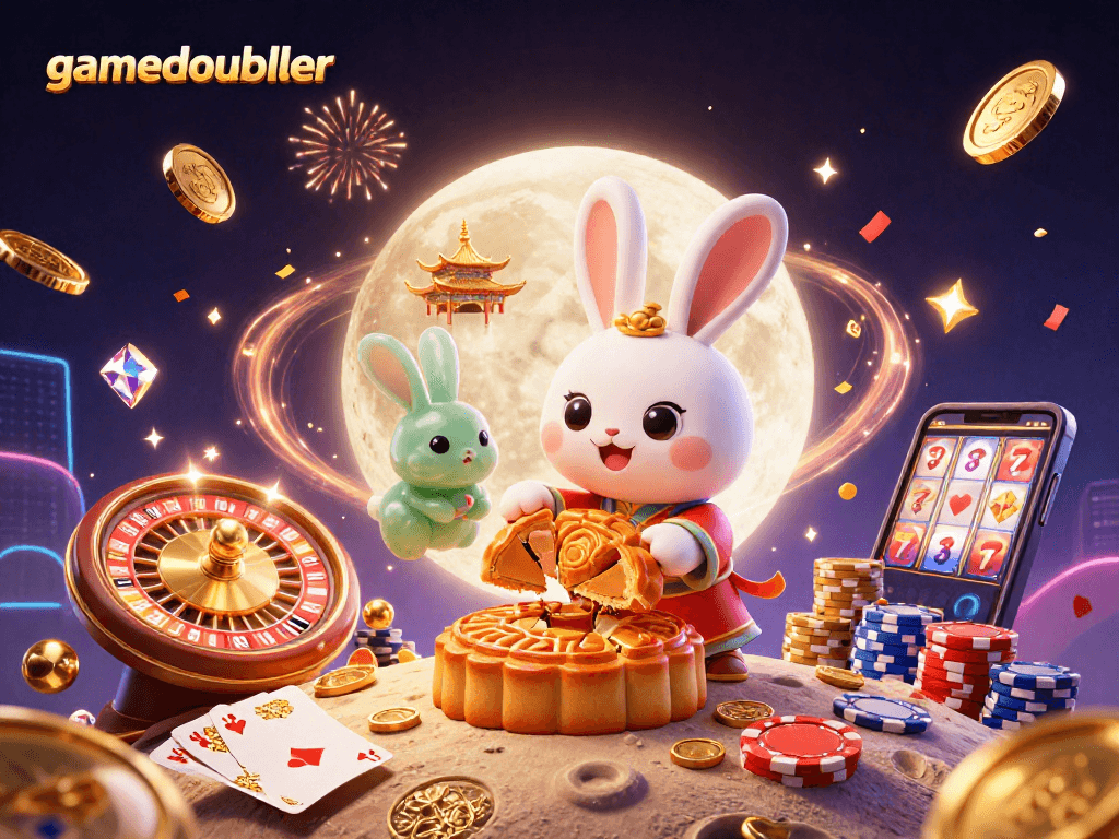 Win big with gamedoubler as the moon rabbit celebrates with poker chips and vibrant gaming elements.