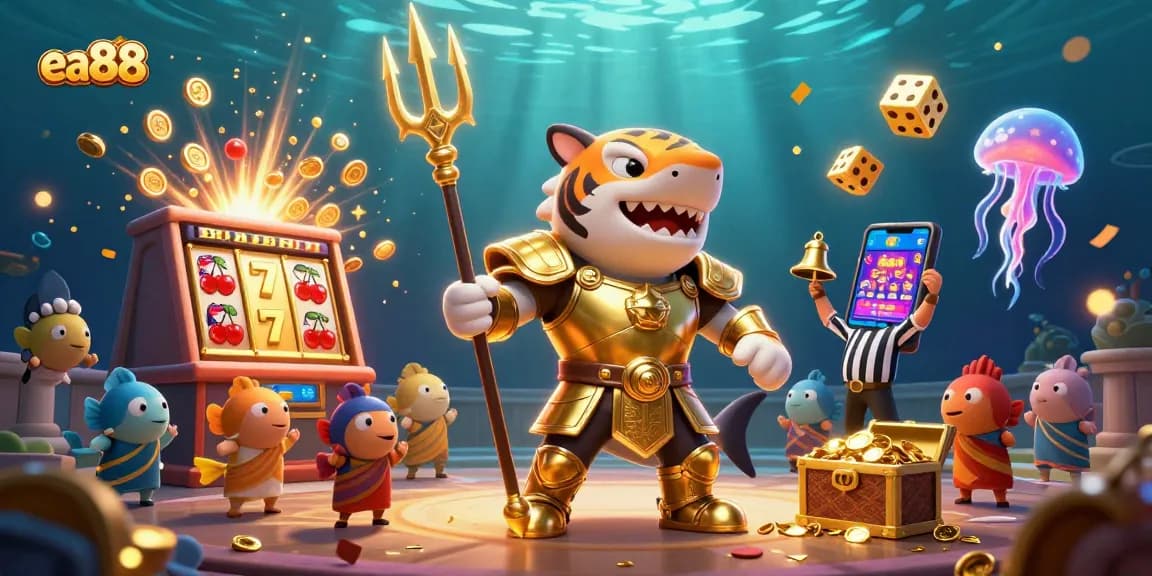 Engage in exhilarating gaming battles with ea88 at the underwater colosseum filled with vibrant casino elements.