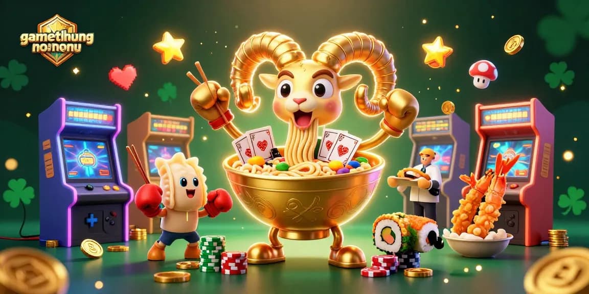 gamethuongnohu showcases vibrant characters in a lively casino setting with 3D game elements.