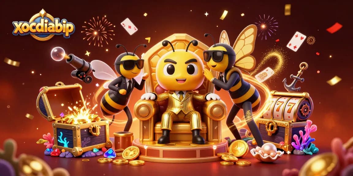 xocdiabip showcases a vibrant 3D scene with a bumblebee mob boss and lively casino elements.