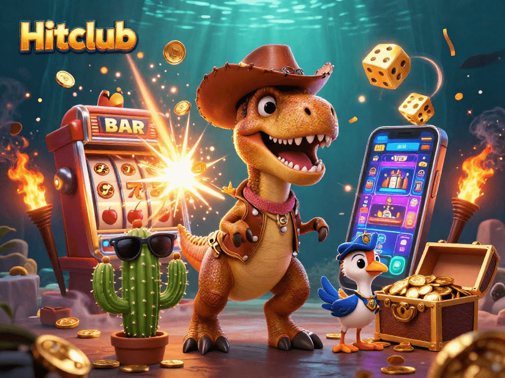 Experience the excitement with Hitclub's jackpot explosion featuring a T-Rex cowboy and fun casino elements.