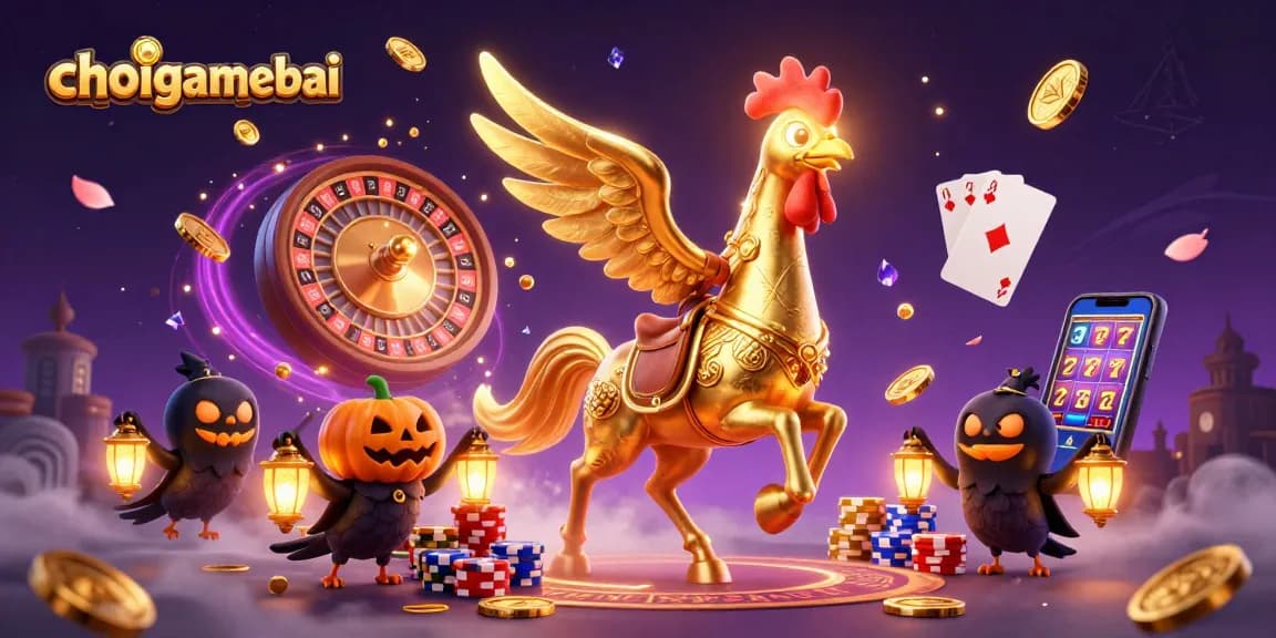 Experience the thrilling excitement of choigamebai in a magical casino setting with a golden rooster and festive crows.