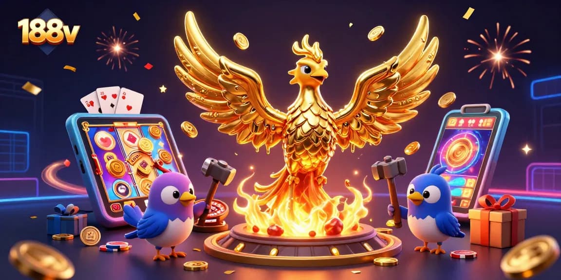 Experience the excitement of 188v with a golden phoenix surrounded by gaming elements and winning symbols.