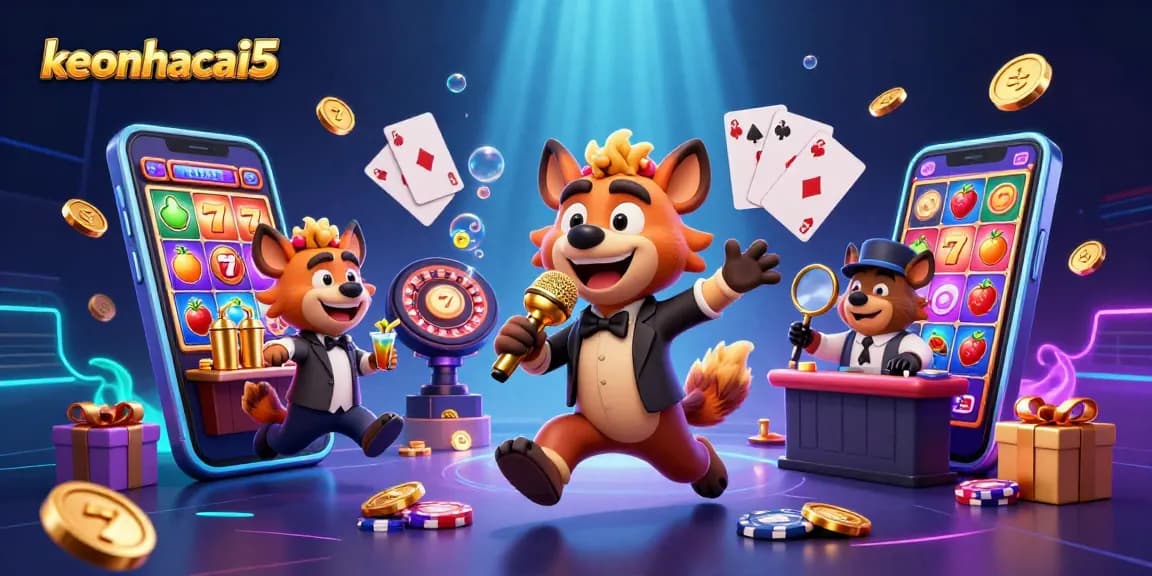 Experience excitement at keonhacai5 with lively hyenas, slot games, and vibrant casino atmosphere.