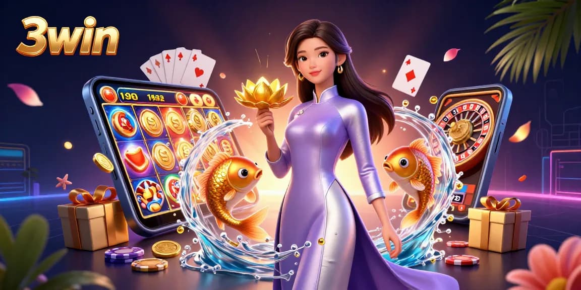Experience thrilling 3win casino excitement with dynamic games and vibrant visuals in this 3D illustration.