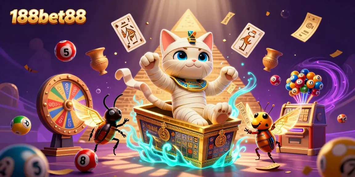 Experience the thrill of 188bet88 with an Egyptian mummy cat and golden casino elements.