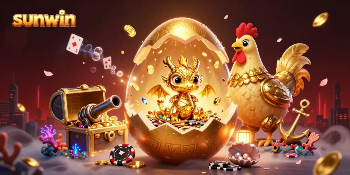 Win big at sunwin with a golden dragon amidst poker chips and treasure in a vibrant casino scene.