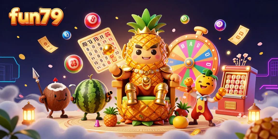 Join the excitement at fun79 with a vibrant casino scene featuring a golden pineapple king and dynamic game elements.