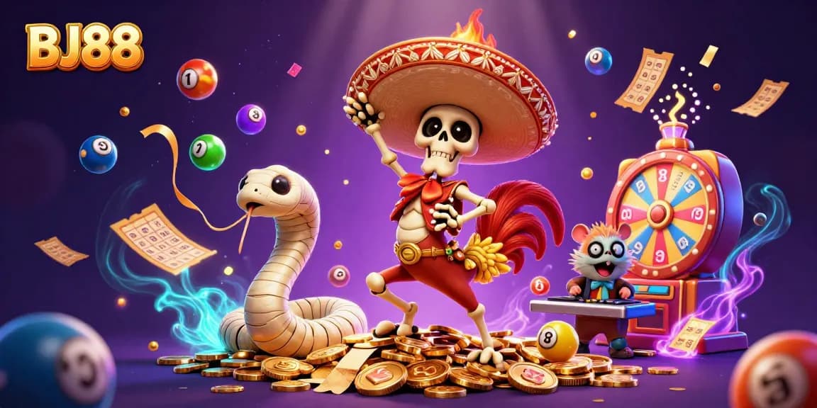 Experience thrilling gameplay with BJ88 as the mariachi rooster and friends celebrate winning with vibrant lottery elements!