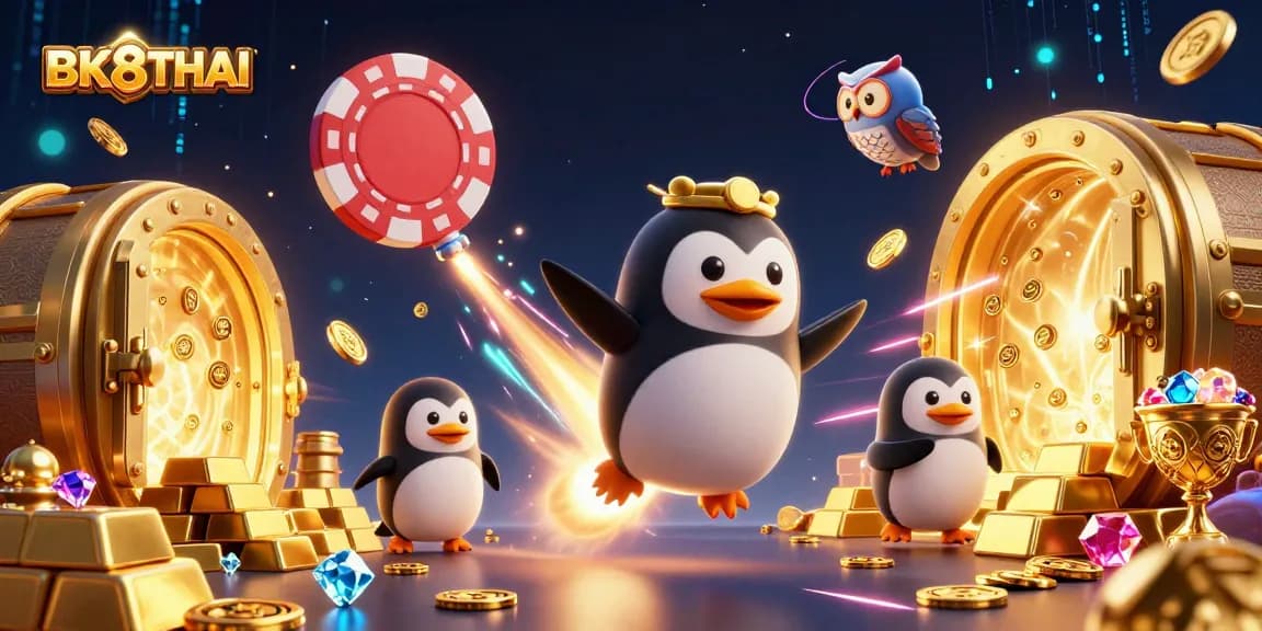Experience the excitement of BK8THAI with a golden penguin racing towards a giant poker chip casino in space.
