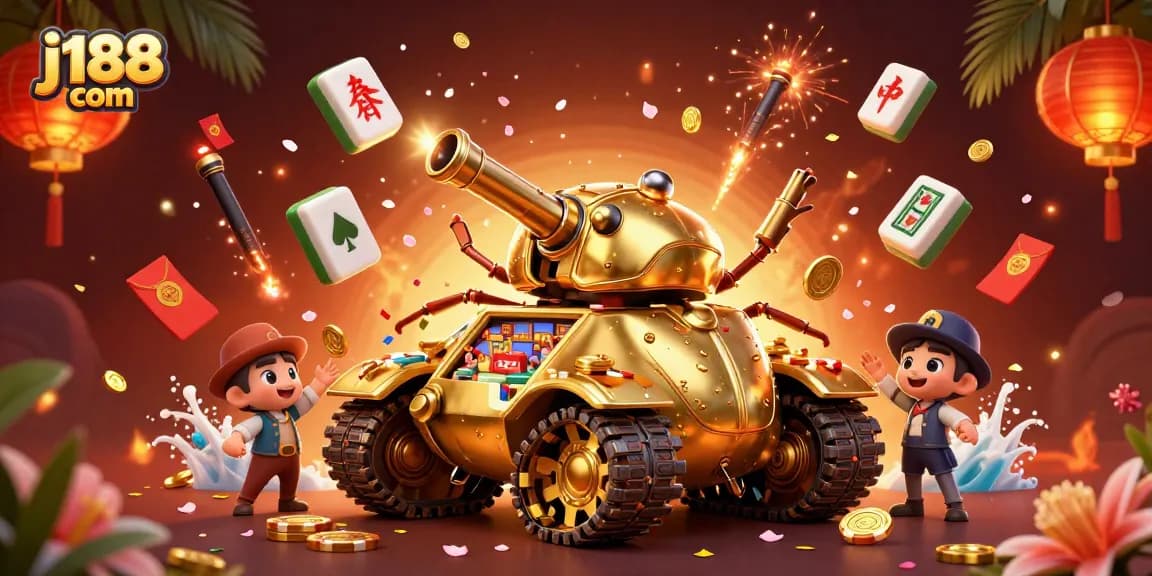 Experience excitement at j188 com with mini-casino in a golden beetle tank shooting confetti.